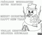 Greeting card for Christmas and New Year with a snowman, in German, English and Dutch