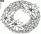 A Christmas wreath with three poinsettias and holly branches