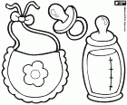 Objects for baby's feeding, a baby bottle and a bib. There's also a pacifier