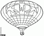 A hot air balloon in flight. The balloon is decorated with three human figures