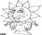 A curious sunflower costume. A person disguised as a sunflower with a tunic with seeds and a great mask of sunflower