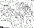 The Princess Leonora and the handsome prince riding horses through the forest
