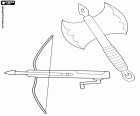 Historical weapons, a crossbow and an axe