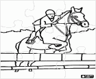 Puzzle of the rider with a horse passing an obstacle in a jumping contest