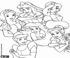 Group of six princesses from the magical world: Snow White, Princess Aurora or Sleeping Beauty, Princess Jasmine, Cinderella, the Little Mermaid Ariel and Princess Belle