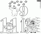 The odd numbers, nine, eleven and thirteen with Sesame Street characters and objects to count. The last two, 11 and 13 are prime numbers
