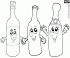 Three smiling bottles of drinks. A bottle of wine, a bottle of soda and a bottle of champagne or cava