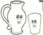 A glass and a pitcher of water with big smiles. Some drinks as juices are also served in jars
