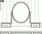 A dressing table with a round mirror