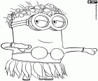 A Hawaiian minion with a flowers necklace and the traditional dance of Hawaii