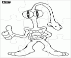 Puzzle of an alien with elephant trunk shaped nose, mouth in the body and big eyes