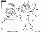 Puzzle of a witch preparing a malevolent potion with the cauldron