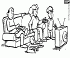 Scene of a family to think about. The family gathered in front of the TV. Each member of the family has its own remote control