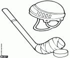 Basic equipment for ice hockey: helmet, hockey stick and hockey disk