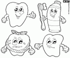 Three different teeth, healthy, sick and angry, with the toothbrush and toothpaste. The importance of dental cleaning after each meal