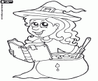 A witch preparing the potion for the spell in the cauldron