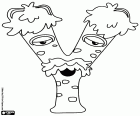 The letter Y and is an old and tired monster seen from the front. The Y is a monster with a mustache and sleepy eyes