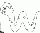 The letter W is a monster like a snake happy with hair on head, view in profile