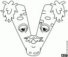 The letter V is an old monster seen from the front. The V is an elderly monster with a small mouth, a mustache and a tired look