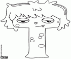 The letter T is a young monster with a big head and sad eyes