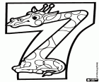 The number seven represented by a giraffe sitting on the floor