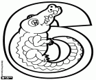 The number six represented by a crocodile with its tail touching its belly