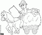 A cart loaded with hay with the farmer, the horse and a dog