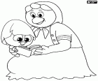 Calimero reading a book in the lap of his mother