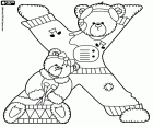 The letter X formed by a young bear music lover opening its legs and arms and a female little bear with a drum
