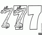 Three versions of the number seven with a giraffe sitting on the floor