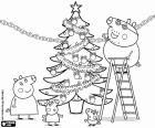 The Peppa Pig family is preparing the Christmas festivities. Peppa Pig and her family with the decorated Christmas tree