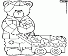 The letter L formed by a dressed bear with a bunny and a little cart full of toys