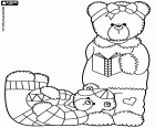 The letter J formed by two bears. A little bear is lying on the floor while mother bear is standing and is reading aloud a fairy tale book