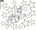 The jump of the dog Chase toward the stars. A Paw Patrol character in Christmas time