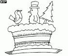 A curious Christmas ornament, a cake decorated with figurines of a bird, a snowman and a fir