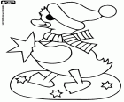 A duckling with wool hat and wool scarf with stars to decorate the Christmas celebrations