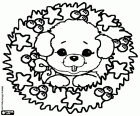 A puppy, a little dog with the head inside a Christmas wreath