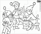 Puzzle with Santa Claus elves, Christmas elves who have lot of work to prepare the gifts
