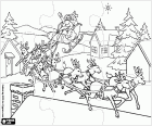 Puzzle with a village on Christmas Eve. A landscape of a village on Christmas night with Santa Claus in his magic sleigh and his reindeers flying over the roofs of the houses