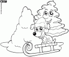 A puppy on a sled in forest by Christmas. The dog is next to a big heap of snow and a smiling and snowy fir