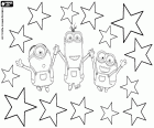 The three minions protagonists of the movie celebrating Christmas with a background of stars