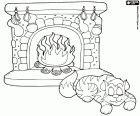 The cat sleeps front the fireplace with the fire burning during Christmas Eve, a cold Christmas night