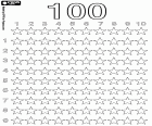 Learning to count up to the number 100 with one hundred stars arranged in tens. Educational sheet with ten columns by ten rows of stars for a total of one hundred elements for counting and coloring