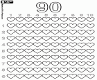 A didactic coloring page with a hundred hearts to learn and practice counting up to number ninety