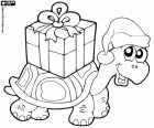 A turtle with a Santa Claus hat and carrying a gift box over the turtle shell