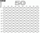 Coloring page with a lot of little hearts and the number fifty. With this didactic sheet you can practice how to count up to fifty