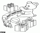 Some Christmas gifts. A ball, a toy train, a teddy bear and three gift boxes