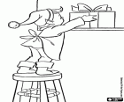 A little elf of Santa Claus on a stool to put a gift box on a high shelf