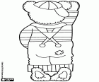 The letter Ix represented by a bear standing and seen from the back. The bear is dressed in trousers and a baseball cap