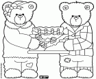 A couple of bears wearing elegant and funny clothes and with a birthday cake to represent the letter H